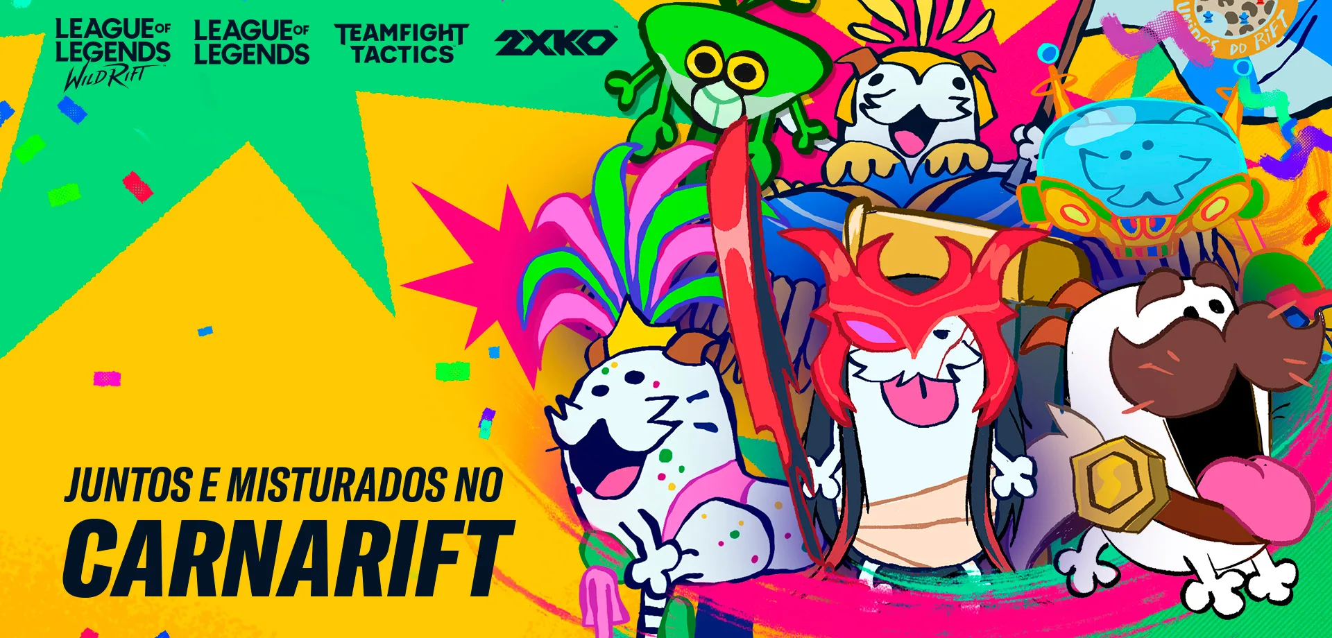 Imagem da Riot Games no Carnaval Carnarift com vários Poros em festa, além das logos de League of Legends WildRift, League of Legends, TeamFight Tactics e 2XKO.