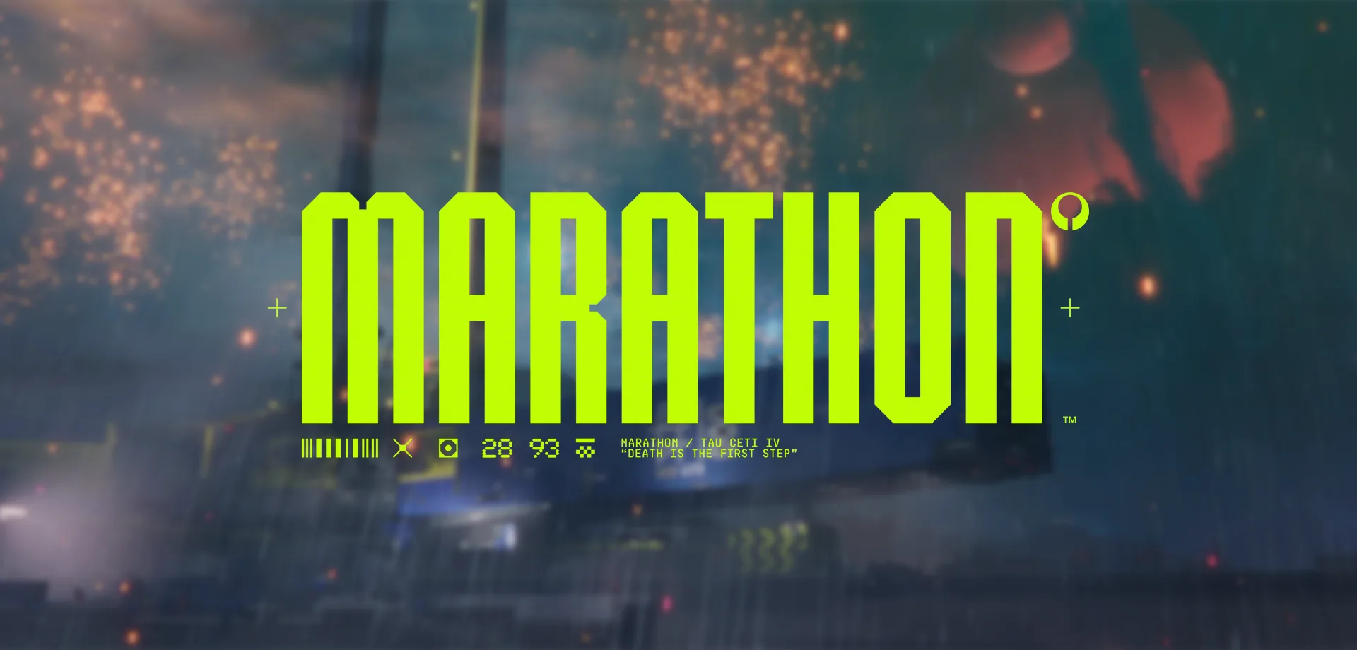 Tela com nave em fundo borrado, logo de Marathon a frente na matéria sobre música de marathon e teste de estresse do servidor.