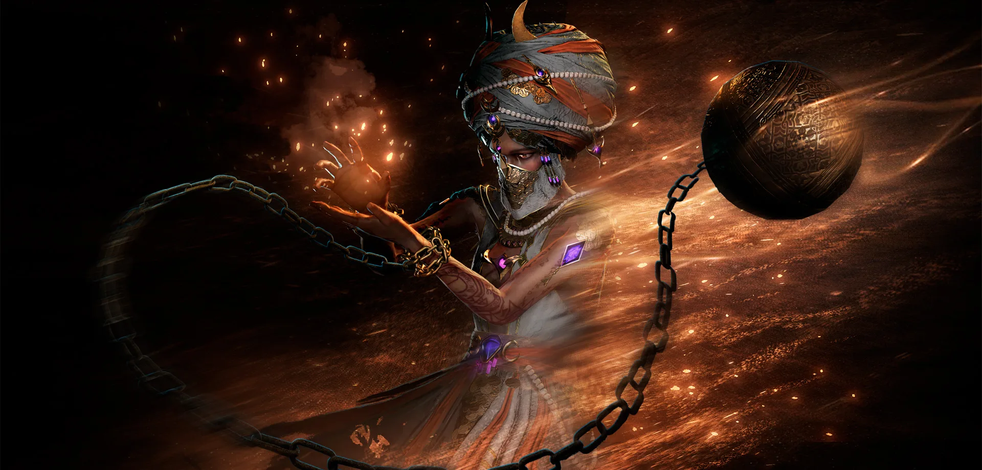 Imagem principal de Path of Exile Mirage com Personagem em meio a areia com uma corrente nas mãos até uma bola de ferro.