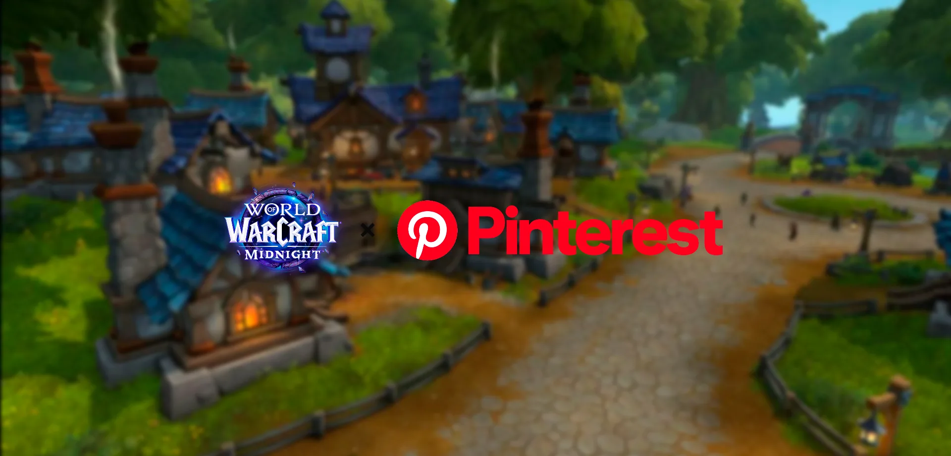 Fundo embaçado de uma vila provavelmente da aliança e na frente a logo de World of Warcraft e Pinterest.