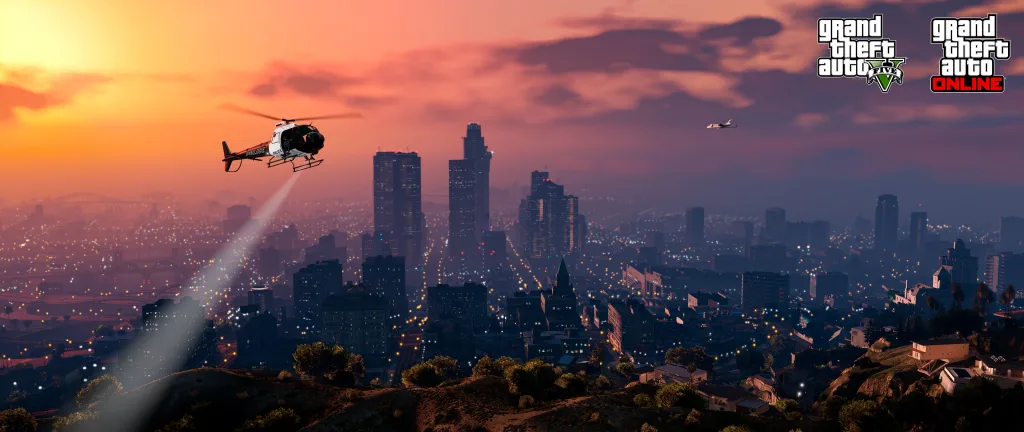 Helicóptero sobrevoando mundo aberto de GTA V, um dos jogos de mundo aberto mais populares.