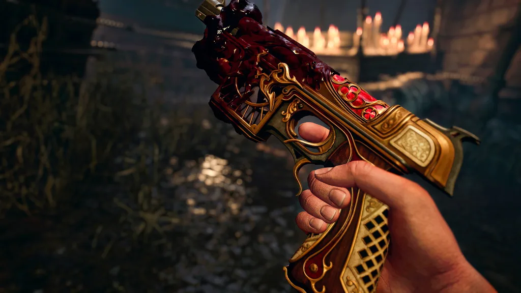 Arma de fogo vista em primeira pessoa com sangue nela.