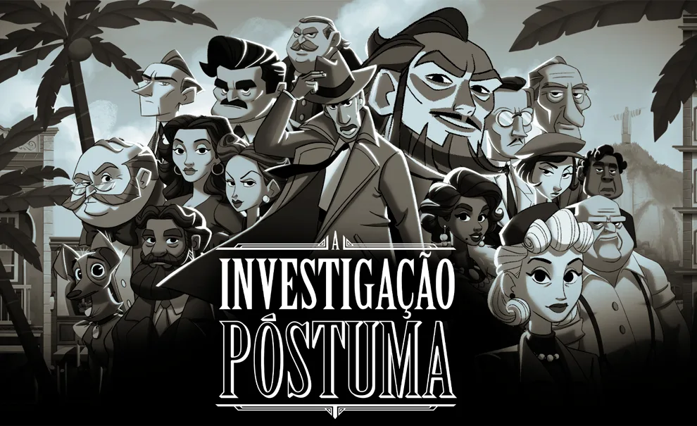 Capa de A Investigação Póstuma com vários personagens e ao fundo o Rio de Janeiro.