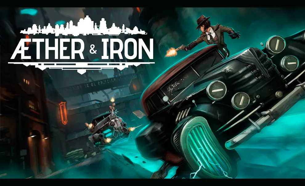 Capa de Aether & Iron com dois carros futuristas em perseguição e trocando tiros em uma rua estreita.
