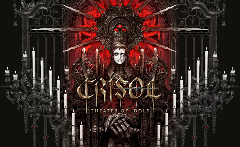 Muitas velas, grades de metal, uma estátua em um estilo barroco e a logo de Crisol Theater of Idols.