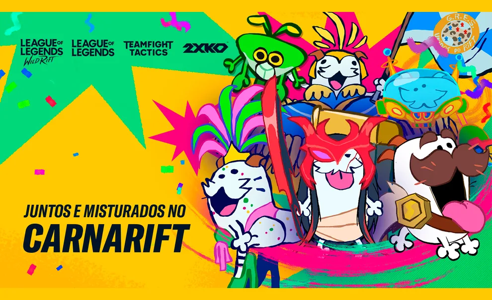 Imagem da Riot Games no Carnaval Carnarift com vários Poros em festa, além das logos de League of Legends WildRift, League of Legends, TeamFight Tactics e 2XKO.