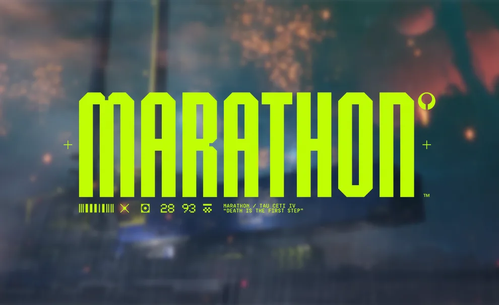 Tela com nave em fundo borrado, logo de Marathon a frente na matéria sobre música de marathon e teste de estresse do servidor.
