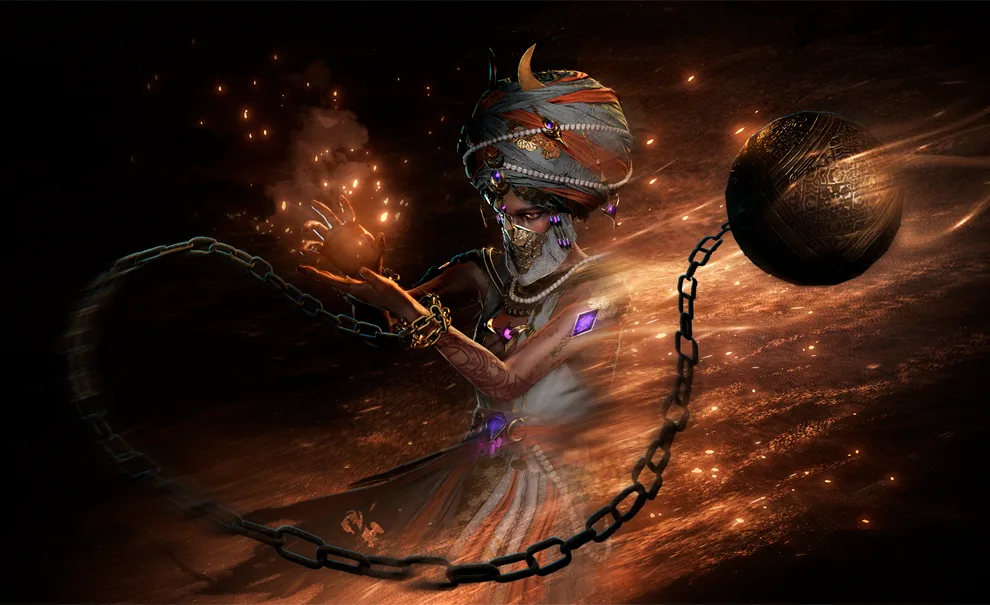 Imagem principal de Path of Exile Mirage com Personagem em meio a areia com uma corrente nas mãos até uma bola de ferro.