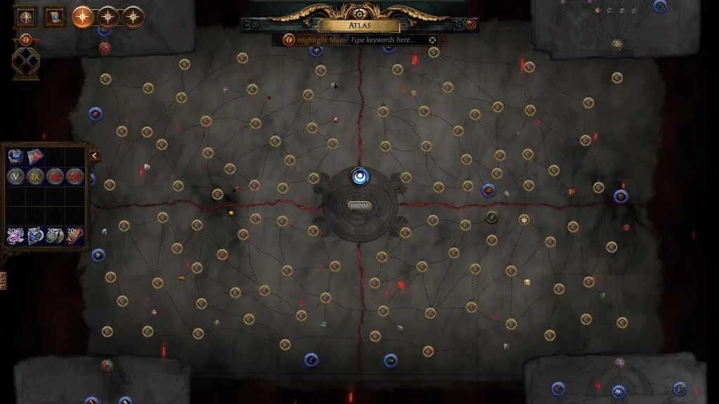 Mapa do Atlas com vários pontos e com jogador começando no centro.