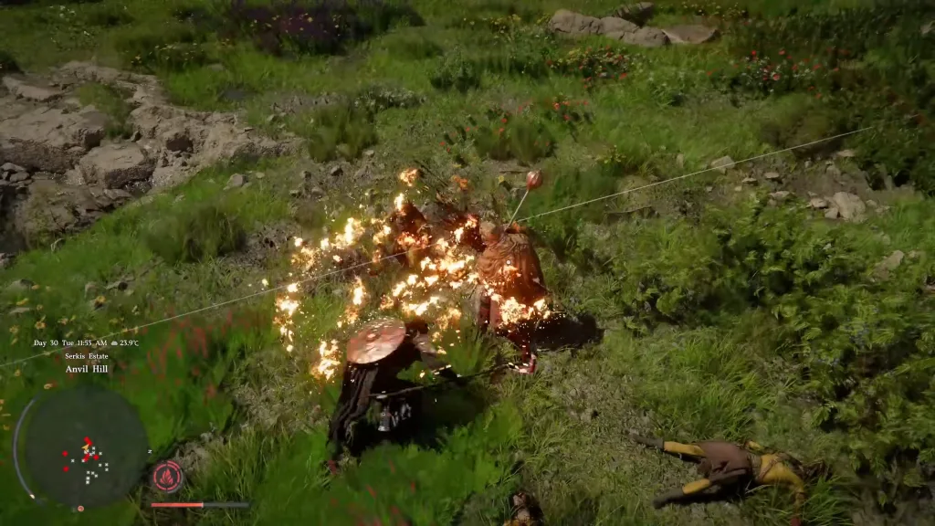 Kliff lançando fogo durante o combate.