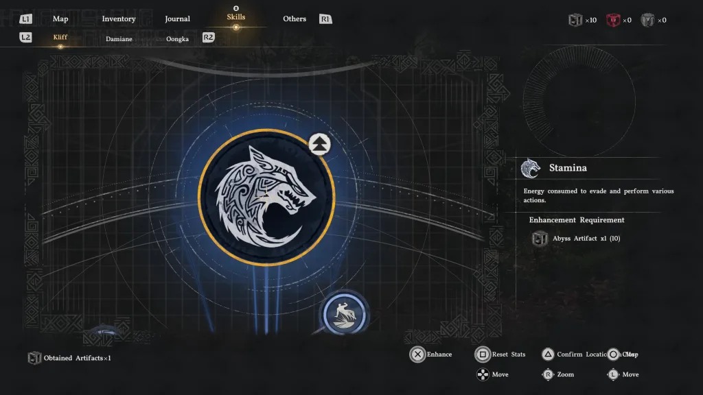 Tela de Perícias de Kliff, mostrando a parte sobre Stamina do personagem.