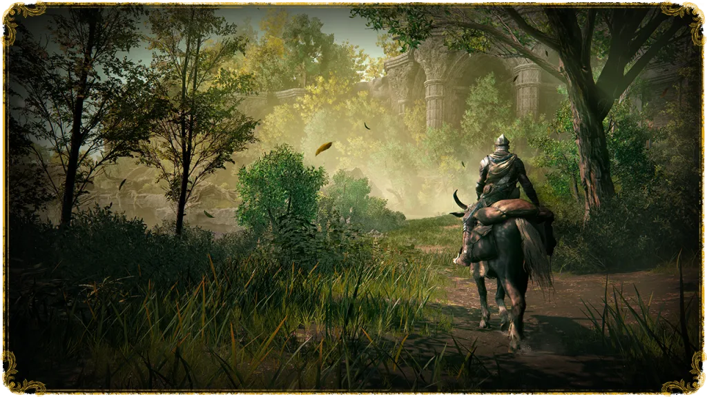 Cavaleiro andando na Floresta em Elden Ring.