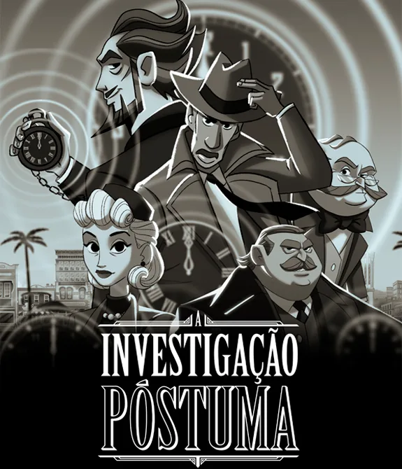 Capa de A Investigação Póstuma com vários personagens e ao fundo o Rio de Janeiro.