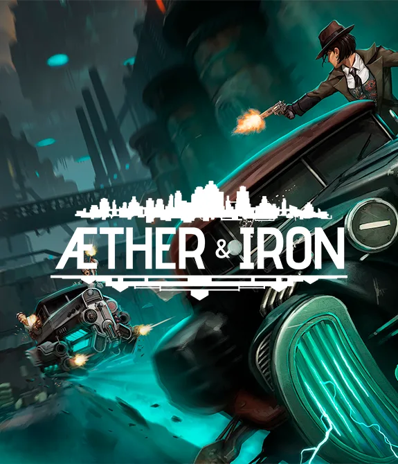 Capa de Aether & Iron com dois carros futuristas em perseguição e trocando tiros em uma rua estreita.