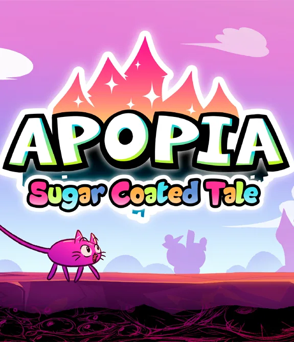 Personagem principal Mai de Apopia Um Conto Disfarçado, andando com seu gato rosa e sendo observada por 3 figuras mais sombrias. À direita a logo do jogo.