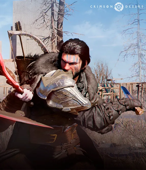 Kliff, líder dos greymanes em Crimson Desert lutando contra um inimigo de espadas duplas.