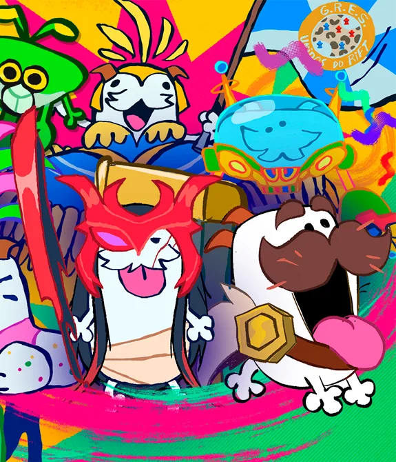 Imagem da Riot Games no Carnaval Carnarift com vários Poros em festa, além das logos de League of Legends WildRift, League of Legends, TeamFight Tactics e 2XKO.