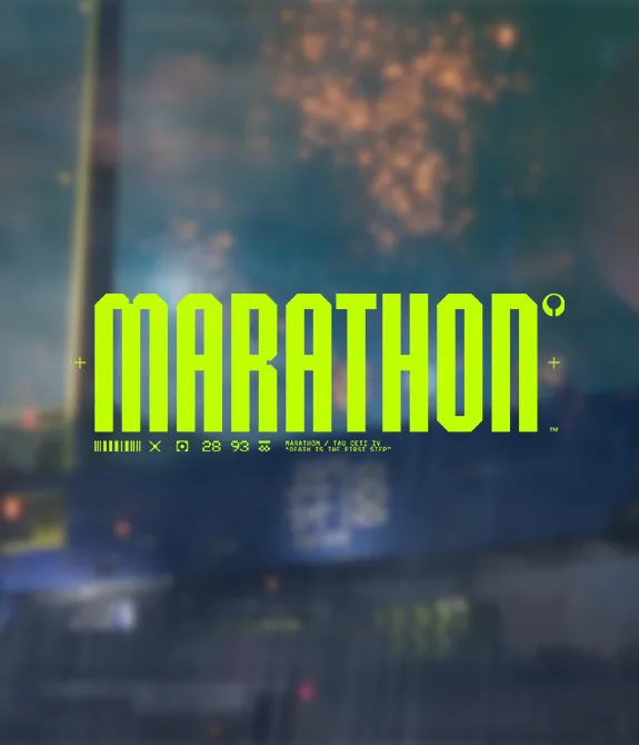Tela com nave em fundo borrado, logo de Marathon a frente na matéria sobre música de marathon e teste de estresse do servidor.