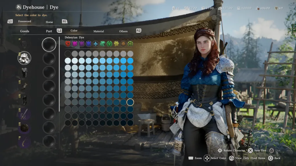 Imagem com personagem secundária trocando a cor de suas roupas com uma vasta variedade disponível em Crimson Desert.