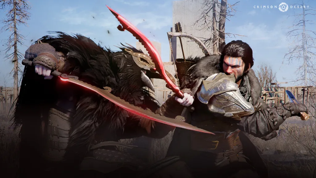 Kliff, líder dos greymanes em Crimson Desert lutando contra um inimigo de espadas duplas.