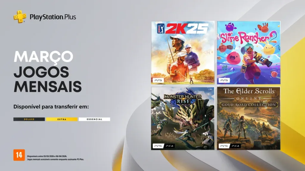 Jogos mensais PlayStation Plus março 2026 com PGA Tour 2k25, Slime Rancher 2, Monster Hunter Rise e The Elder Scrolls Online Gold Road.