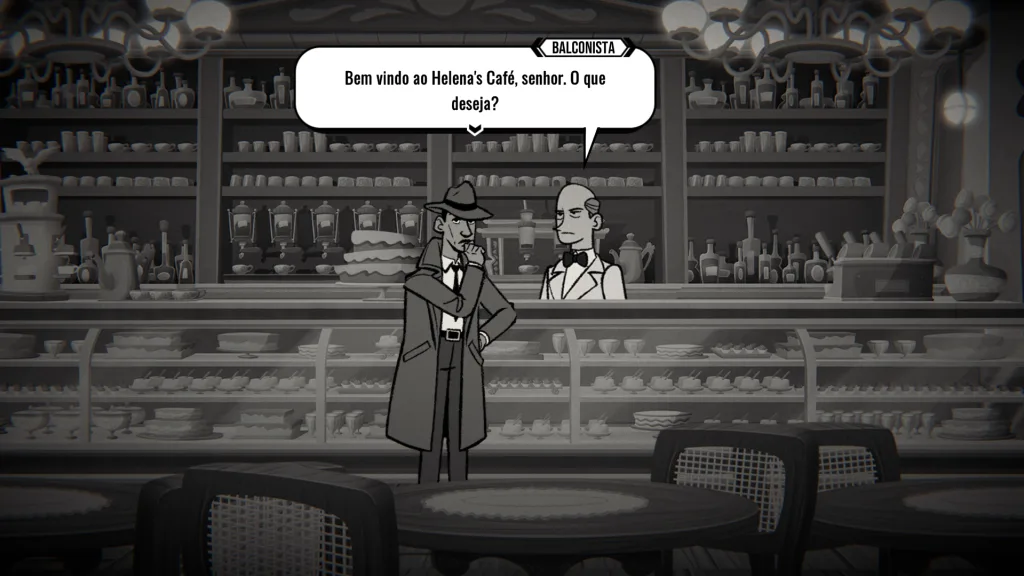 Investigador e garçom conversando no Helena's Café.