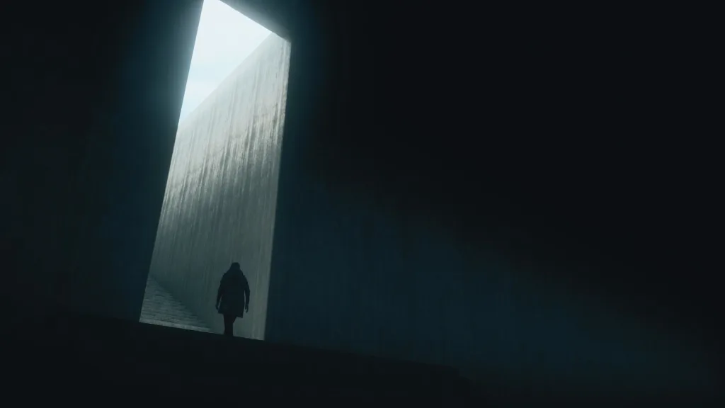 Dylan em Control Resonant saindo por um corredor com escadarias.