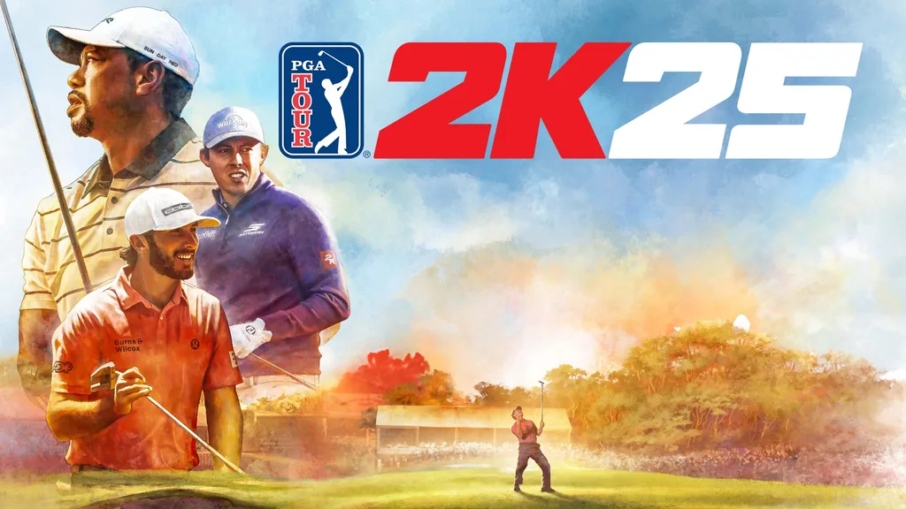 Capa de PGA Tour 2k25 com jogadores de golfe à esquerda e um jogador comemorando dentro do campo de golfe.