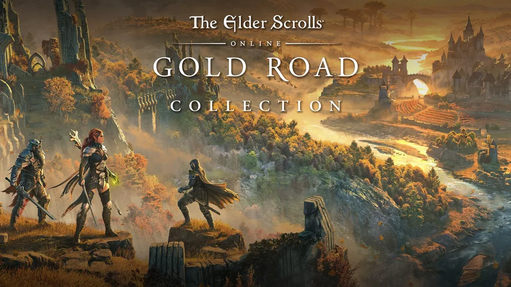 Capa de Elder Scrolls Online Gold Road com 3 personagens em cima da montanha olhando a paisagem com floresta, rio e construções.