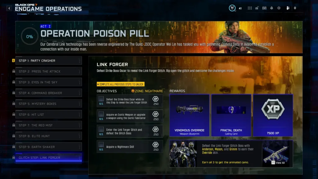 Imagem da operação Poison Pill com passos da missão em Temporada 3 Call of Duty Black Ops 7 Warzone. 