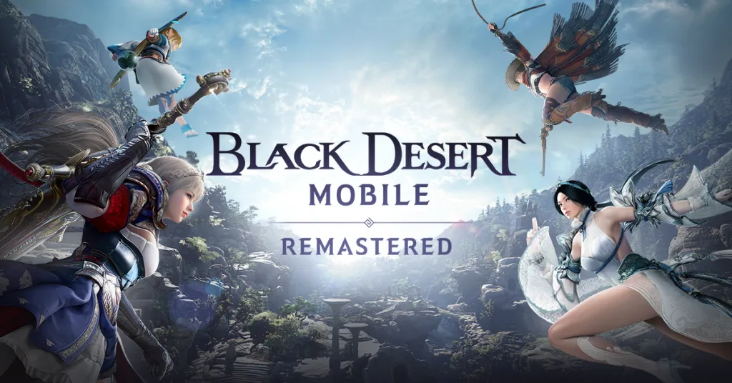 Imagem de Black Desert Mobile Remasterização com 4 personagens em torno do título e ao fundo uma paisagem com árvores, ruínas e um céu azul com nuvens.