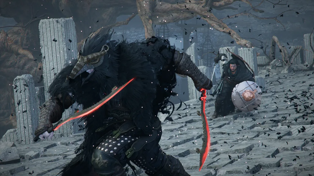 Killf ao fundo e um chefe do mundo à frente em Crimson Desert.