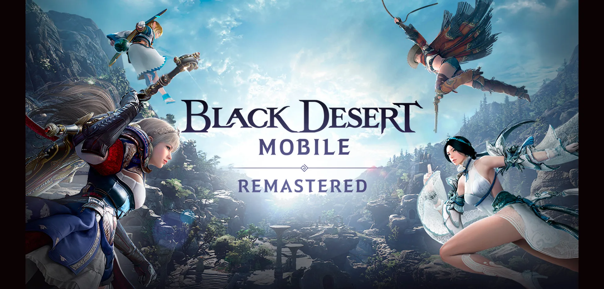 Imagem de Black Desert Mobile Remasterização com 4 personagens em torno do título e ao fundo uma paisagem com árvores, ruínas e um céu azul com nuvens.