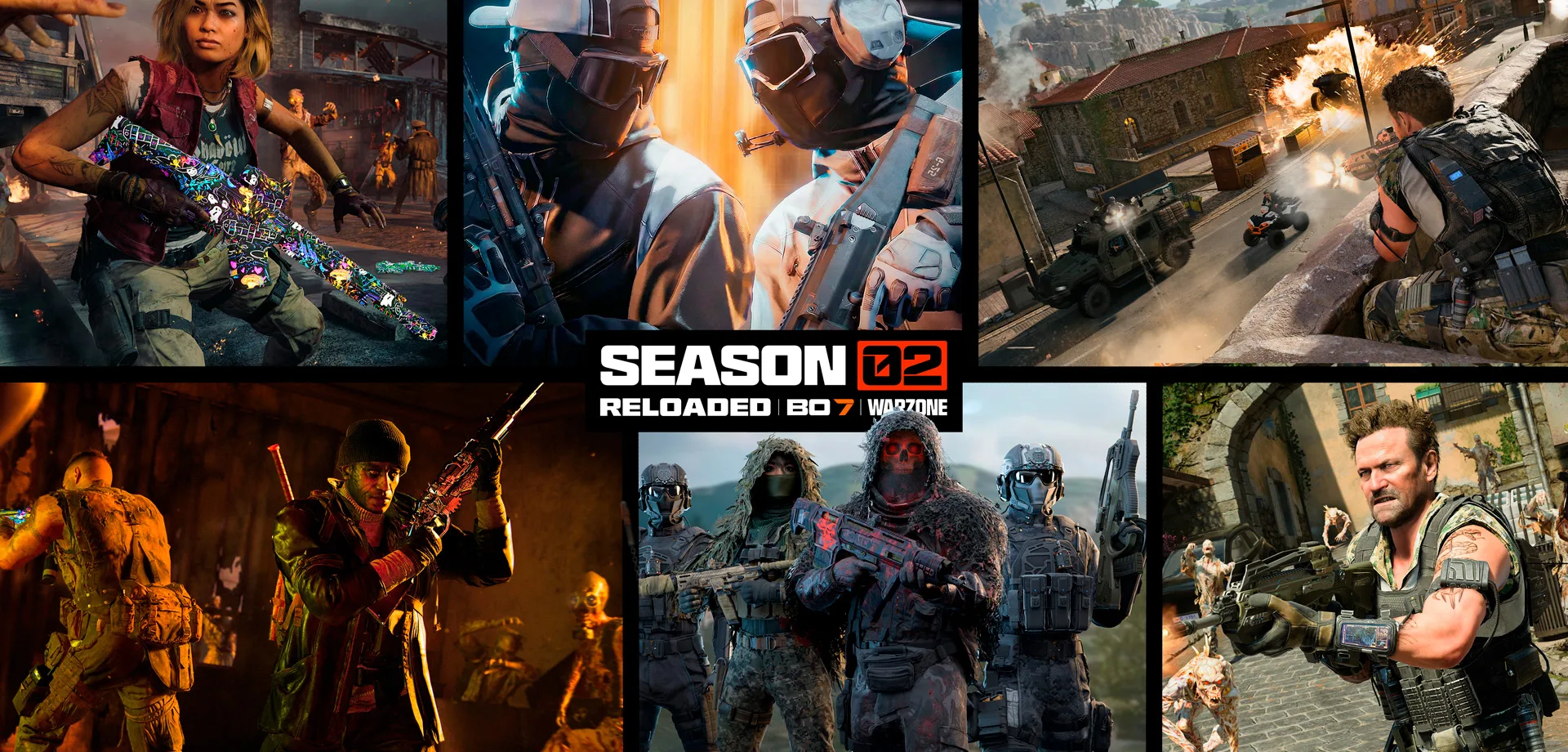 Capa de Call of Duty Temporaa 2 Recarregada com vários frames de novidades incluindo Black Ops Royale.