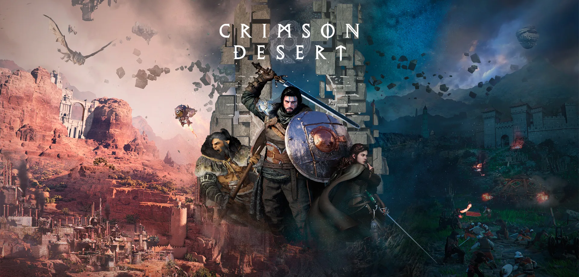 Capa de Crimson Desert com Kilff e outros dois personagens.