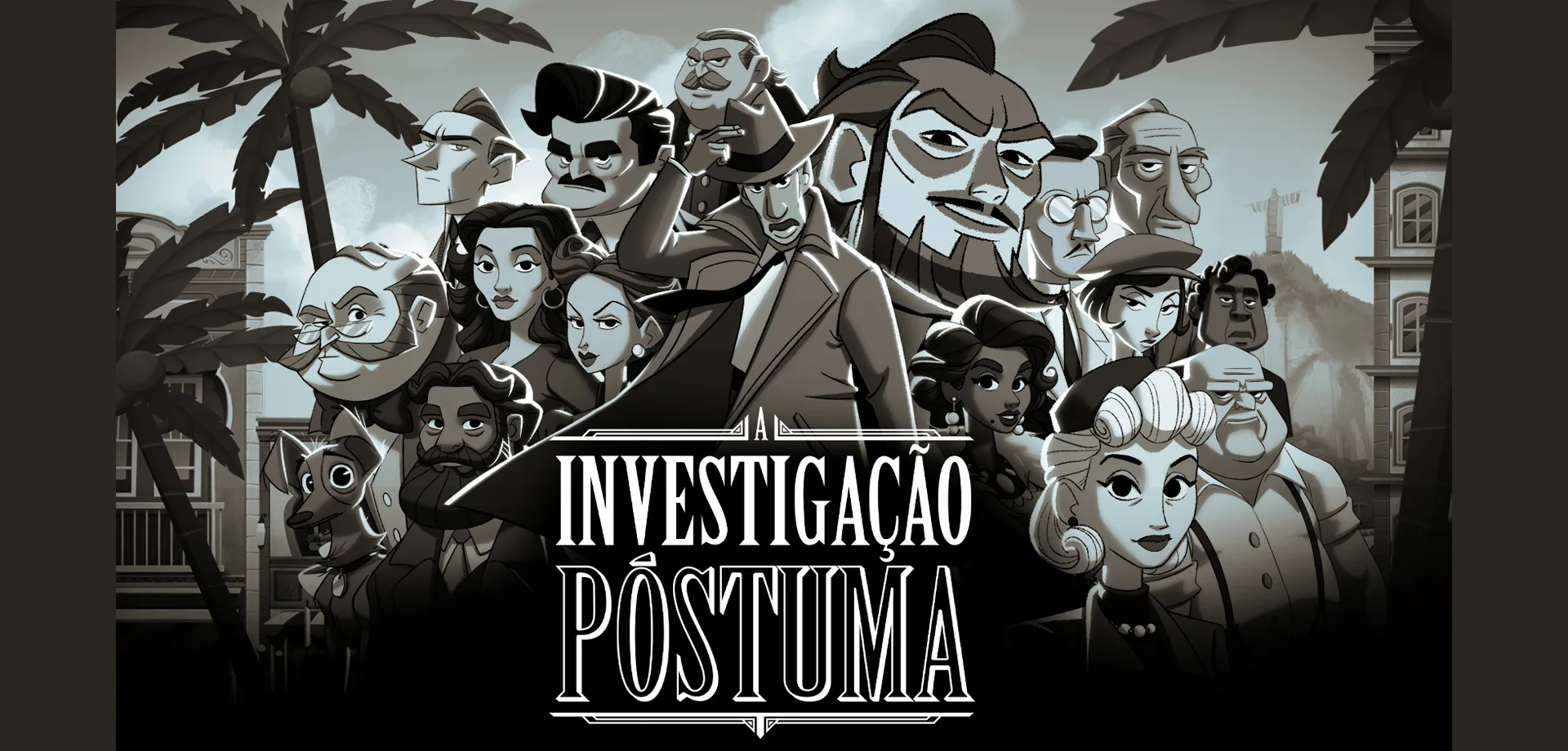Imagens com o investigador e muitos outros personagens do jogo A Investigação Póstuma.