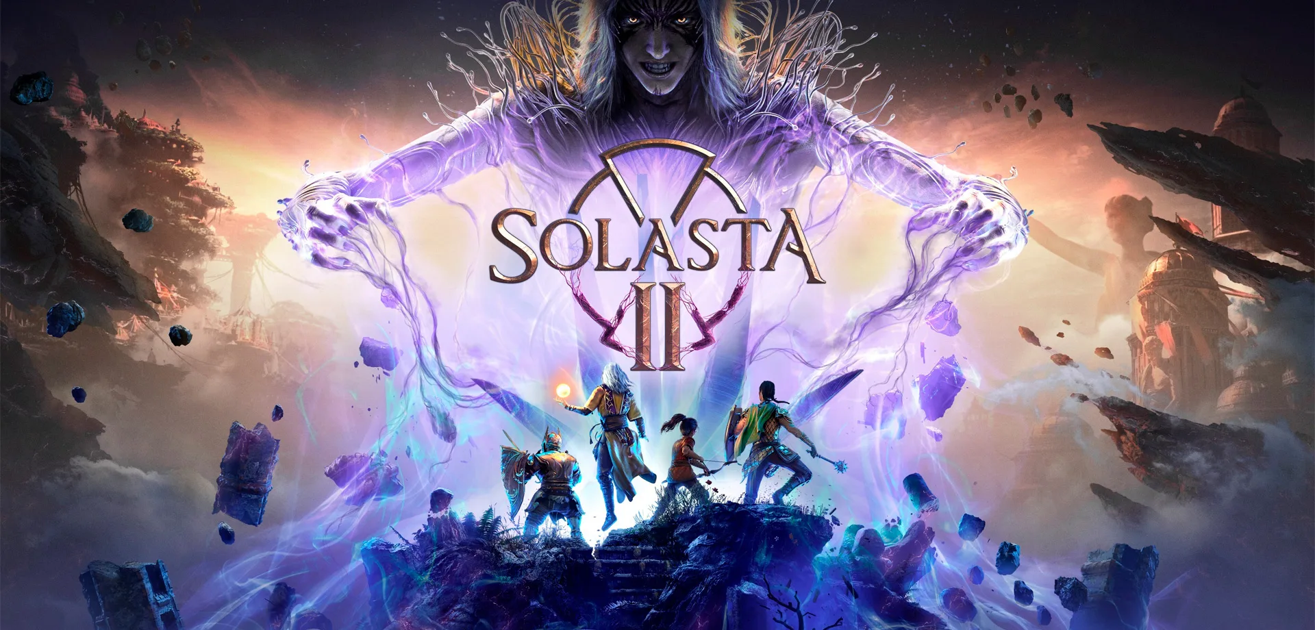 Capa de Solasta II com ser mágico lutando contra 4 protagonistas no lançamento do Early Access.
