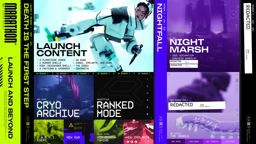 Imagem das Temporadas 1 e 2 de Marathon com vários conteúdos.