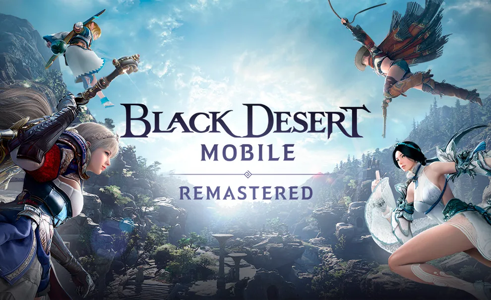 Imagem de Black Desert Mobile Remasterização com 4 personagens em torno do título e ao fundo uma paisagem com árvores, ruínas e um céu azul com nuvens.