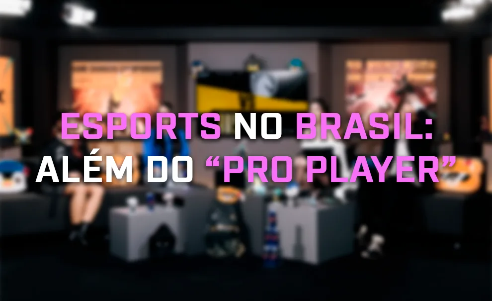 Foto desfocada de apresentadores de eSports e o título à frente: eSports no Brasil: Além do "pro player".