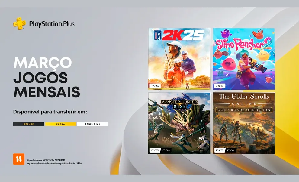 Jogos mensais PlayStation Plus março 2026 com PGA Tour 2k25, Slime Rancher 2, Monster Hunter Rise e The Elder Scrolls Online Gold Road.