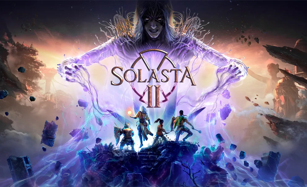 Capa de Solasta II com ser mágico lutando contra 4 protagonistas no lançamento do Early Access.