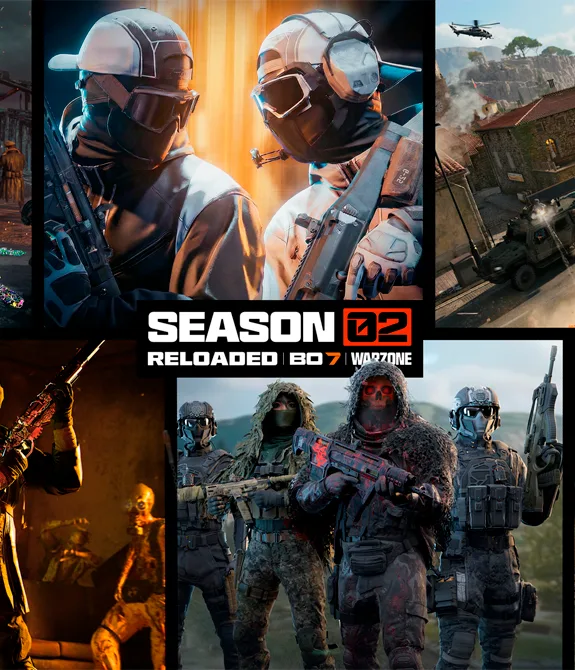 Capa de Call of Duty Temporaa 2 Recarregada com vários frames de novidades incluindo Black Ops Royale.