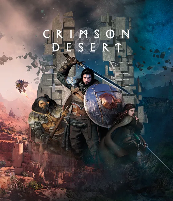 Capa de Crimson Desert com Kilff e outros dois personagens.