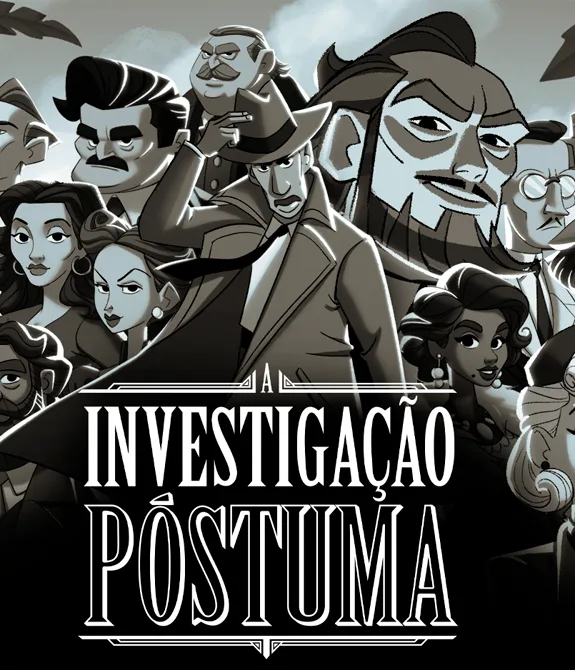 Imagens com o investigador e muitos outros personagens do jogo A Investigação Póstuma.