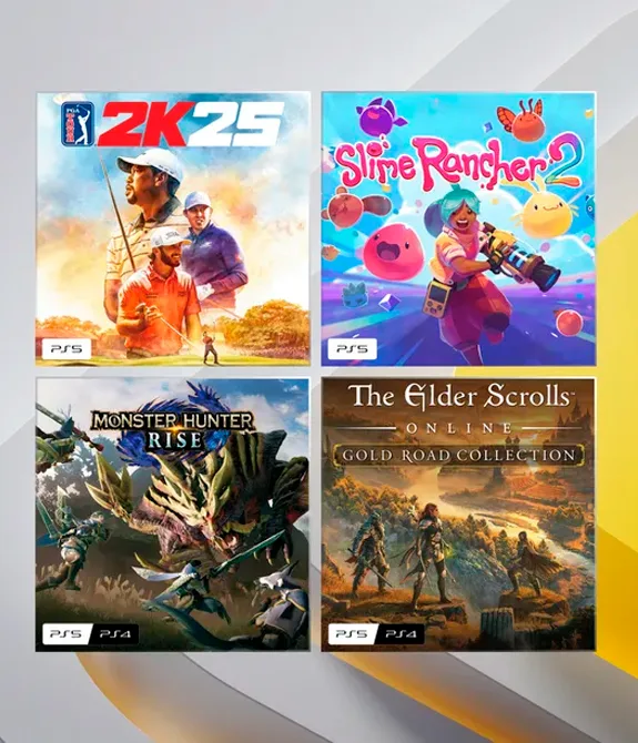 Jogos mensais PlayStation Plus março 2026 com PGA Tour 2k25, Slime Rancher 2, Monster Hunter Rise e The Elder Scrolls Online Gold Road.