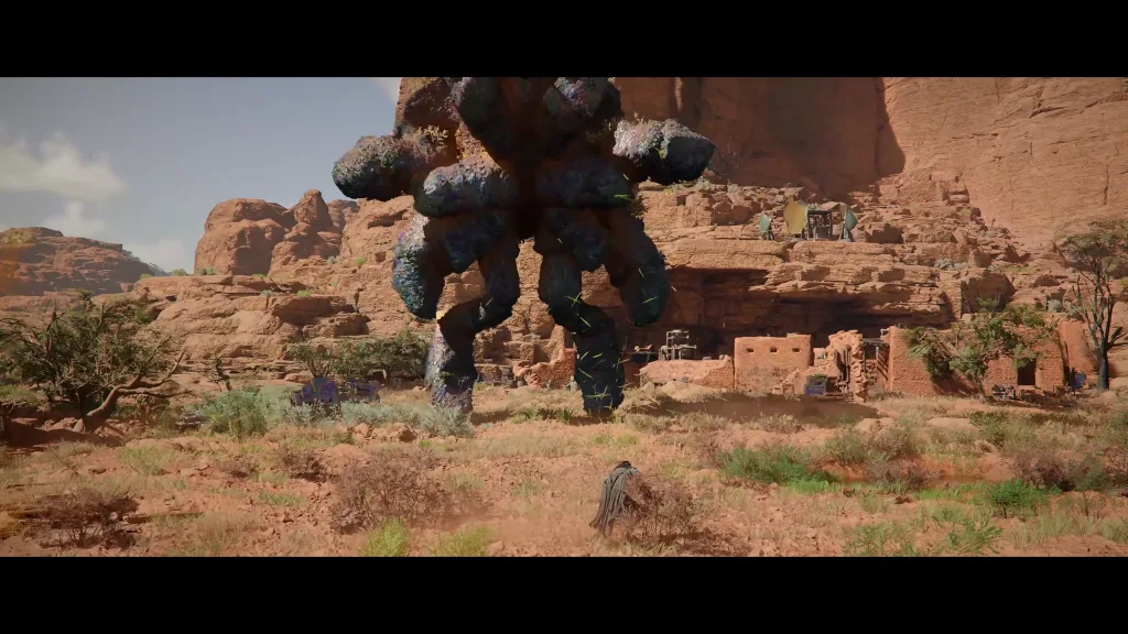 Monstro de pedra no meio do deserto em frente a Kliff.