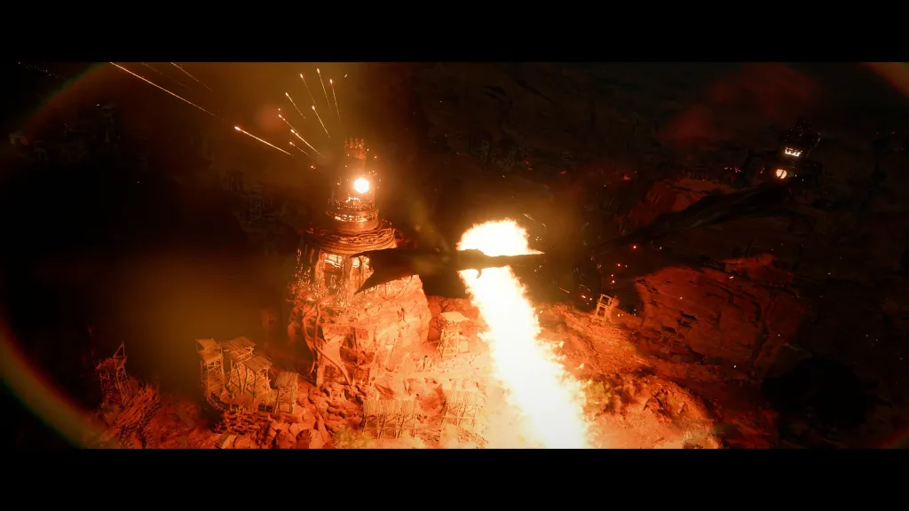 Kliff montado em dragão destruindo torres.