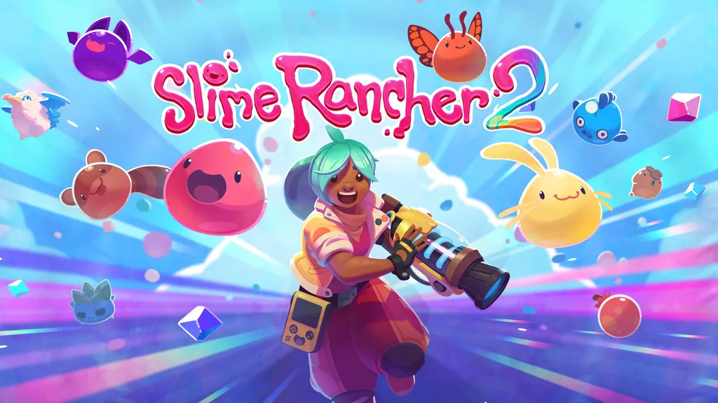 Capa de SLime Rancher 2 com Personagem segurando ferramenta icônica que é utilizada para manipular os monstrinhos do rancho.
