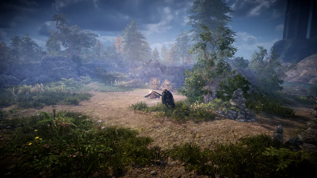 Personagem em meio a um campo próximo a árvores.